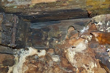<p>Links naast de schouw op de verdieping werd tijdens het veldwerk een fragment van een weggezaagde console aangetroffen. Het ojiefprofiel is nog duidelijk zichtbaar. Uit de vergelijking met elders aangetroffen gedateerde voorbeelden volgt een datering in het eerste kwart van de zeventiende eeuw. </p>
